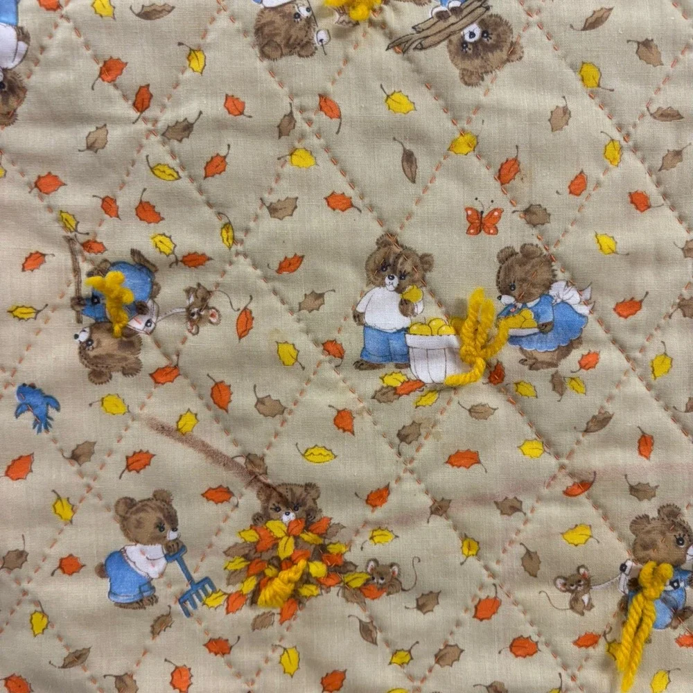 Handmade Autumn Teddy Bear Quilted Baby Blanket Orange Tan Fall Nursery 41x53
